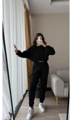 Power Siyah Bisiklet Yaka Crop Sweat 3 İplik Eşofman Takımı