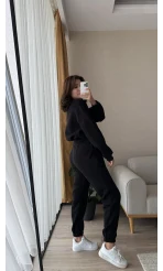 Power Siyah Bisiklet Yaka Crop Sweat 3 İplik Eşofman Takımı