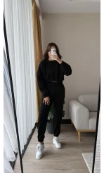 Power Siyah Bisiklet Yaka Crop Sweat 3 İplik Eşofman Takımı