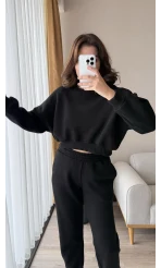 Power Siyah Bisiklet Yaka Crop Sweat 3 İplik Eşofman Takımı