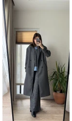 Premium Antrasit Kuşaklı Astarlı Cepli Kaban