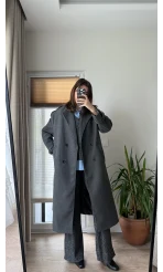 Premium Antrasit Kuşaklı Astarlı Cepli Kaban