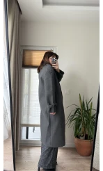 Premium Antrasit Kuşaklı Astarlı Cepli Kaban