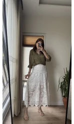 Premium Dantel ve Kumaş Detay Etek Beyaz