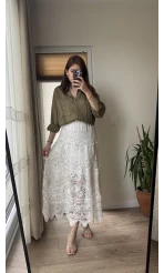 Premium Dantel ve Kumaş Detay Etek Beyaz