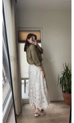 Premium Dantel ve Kumaş Detay Etek Beyaz