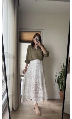 Premium Dantel ve Kumaş Detay Etek Beyaz