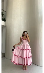 Premium Kalın Askılı Kat Kat Elbise - Pembe - Kod: 1070