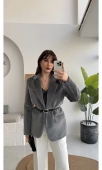 Premium Kemerli Vatkalı Peluş Ceket - Antrasit - Kod: 9490