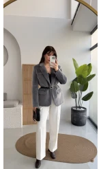 Premium Kemerli Vatkalı Peluş Ceket - Antrasit - Kod: 9490