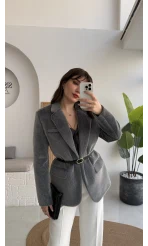 Premium Kemerli Vatkalı Peluş Ceket - Antrasit - Kod: 9490