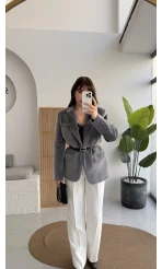 Premium Kemerli Vatkalı Peluş Ceket - Antrasit - Kod: 9490