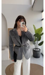 Premium Kemerli Vatkalı Peluş Ceket - Antrasit - Kod: 9490