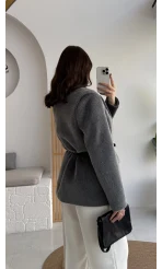 Premium Kemerli Vatkalı Peluş Ceket - Antrasit - Kod: 9490