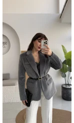 Premium Kemerli Vatkalı Peluş Ceket - Antrasit - Kod: 9490
