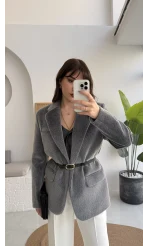 Premium Kemerli Vatkalı Peluş Ceket - Antrasit - Kod: 9490