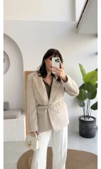 Premium Kemerli Vatkalı Peluş Ceket - Taş - Kod: 9490