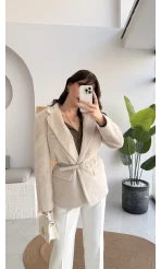 Premium Kemerli Vatkalı Peluş Ceket - Taş - Kod: 9490