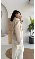 Premium Kemerli Vatkalı Peluş Ceket - Taş - Kod: 9490