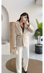 Premium Kemerli Vatkalı Peluş Ceket - Taş - Kod: 9490