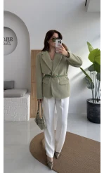 Premium Kemerli Vatkalı Peluş Ceket - Yeşil - Kod: 9490