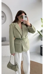 Premium Kemerli Vatkalı Peluş Ceket - Yeşil - Kod: 9490