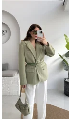 Premium Kemerli Vatkalı Peluş Ceket - Yeşil - Kod: 9490