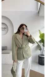 Premium Kemerli Vatkalı Peluş Ceket - Yeşil - Kod: 9490