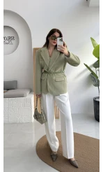 Premium Kemerli Vatkalı Peluş Ceket - Yeşil - Kod: 9490