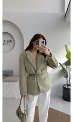 Premium Kemerli Vatkalı Peluş Ceket - Yeşil - Kod: 9490