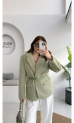 Premium Kemerli Vatkalı Peluş Ceket - Yeşil - Kod: 9490