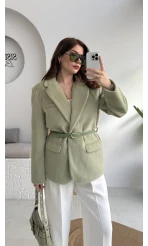 Premium Kemerli Vatkalı Peluş Ceket - Yeşil - Kod: 9490