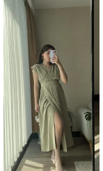 Premium Keten Haki Elbise