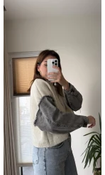 Premium Krem Denim Detay Kazak