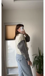 Premium Krem Denim Detay Kazak