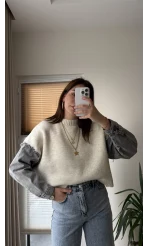 Premium Krem Denim Detay Kazak