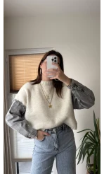 Premium Krem Denim Detay Kazak