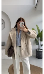 Premium Kürklü Ceket - Bej - Kod: 9621