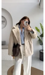 Premium Kürklü Ceket - Bej - Kod: 9621