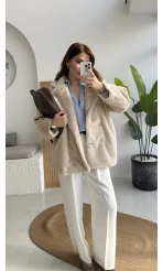 Premium Kürklü Ceket - Bej - Kod: 9621