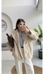 Premium Kürklü Ceket - Bej - Kod: 9621