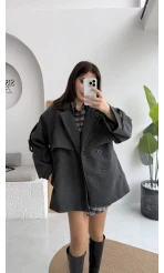 Premium Kuşaklı Kaşe Kaban - Antrasit - Kod: 9669