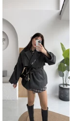 Premium Kuşaklı Kaşe Kaban - Antrasit - Kod: 9669