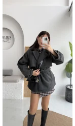 Premium Kuşaklı Kaşe Kaban - Antrasit - Kod: 9669