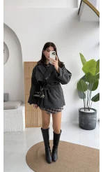 Premium Kuşaklı Kaşe Kaban - Antrasit - Kod: 9669