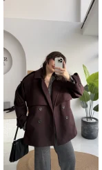 Premium Kuşaklı Kaşe Trenç - Mürdüm Kahve Tonları - Kod: 9669