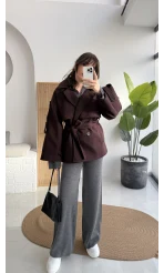 Premium Kuşaklı Kaşe Trenç - Mürdüm Kahve Tonları - Kod: 9669