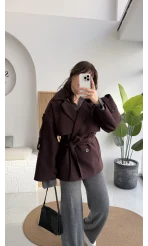 Premium Kuşaklı Kaşe Trenç - Mürdüm Kahve Tonları - Kod: 9669