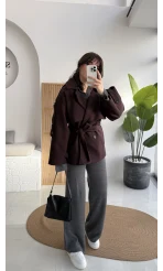 Premium Kuşaklı Kaşe Trenç - Mürdüm Kahve Tonları - Kod: 9669