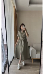 Premium Kuşaklı Keten Haki Elbise